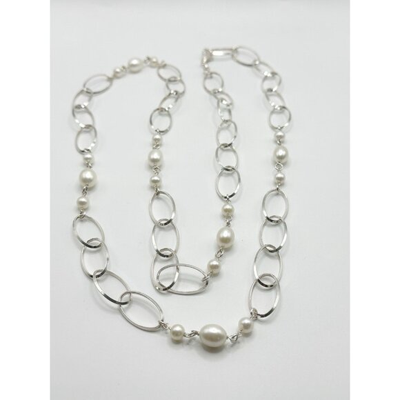 Milor Pearl Station Necklace Sterling Silver Cable Chain 31 grams Italy 36" - Picture 3 of 5